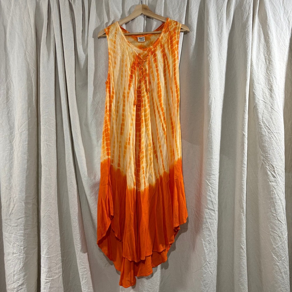 Boho Orange Tie Dye‎ Handkerchief Hem Embroidered Lace Up Dress OS